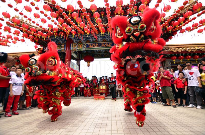 The lion dance features pairs of performers acrobatically dancing to ...